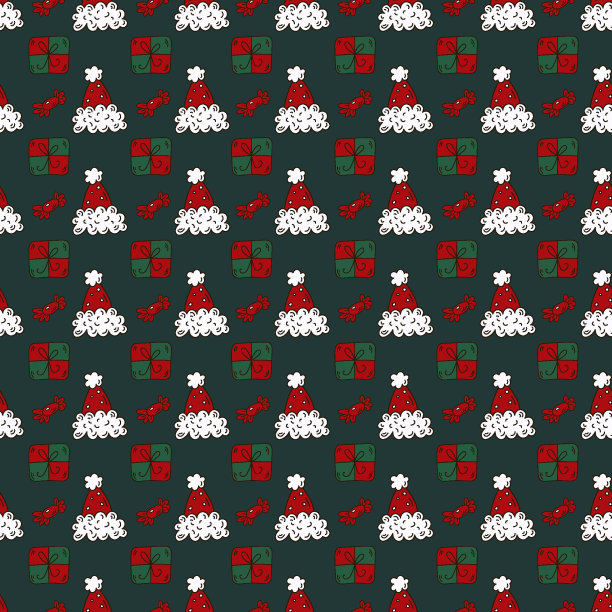 圣诞涂鸦无缝模式与圣诞老人的帽子和礼物。可爱的圣诞包装纸图片下载