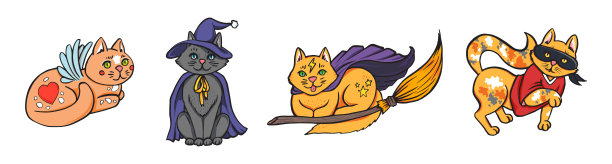 快乐的万圣节魔法女巫猫集4孤立的白色背景，可爱的巫师猫在服装矢量插画图片下载