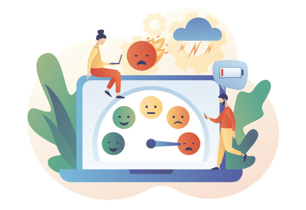 情绪倦怠，过度劳累的商务人士，低能量、疲惫、沮丧、压力大、情绪低落，笔记本电脑电量低，现代扁平卡通风格，矢量插图图片下载