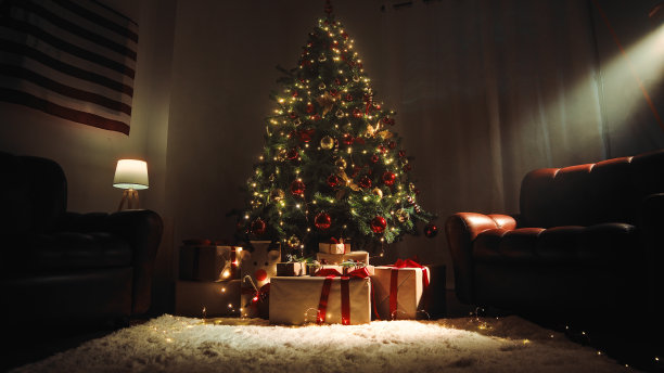 有沙发和白地毯的房子里的圣诞树图片下载