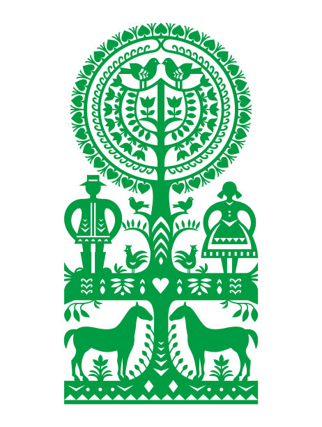 波兰民间艺术矢量图案Wycinanki kurpiowsky与男人和女人，鸟和马- Kurpie剪纸设计与乡村景色图片下载