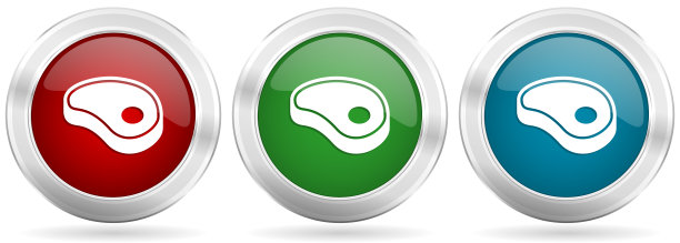 肉，牛排矢量图标集。红色，蓝色和绿色银色金属网按钮与铬镶边图片下载