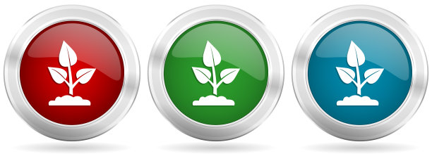 自然植物，有机，生态载体图标集。红色，蓝色和绿色银色金属网按钮与铬镶边图片下载