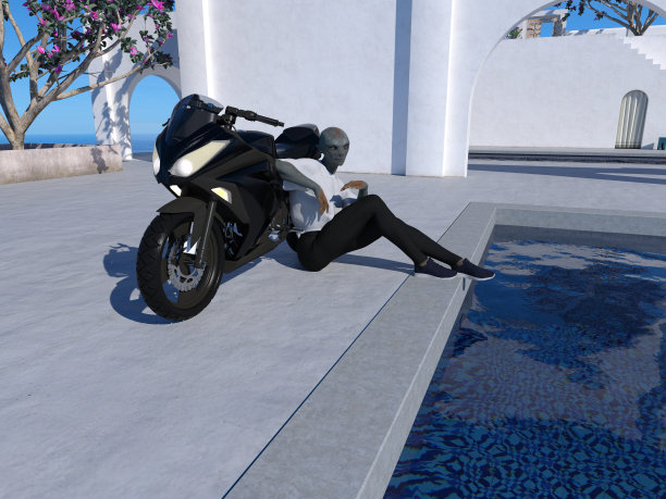 3d插图:一个外星人倚靠在摩托车上，旁边是一个度假村的游泳池。图片下载