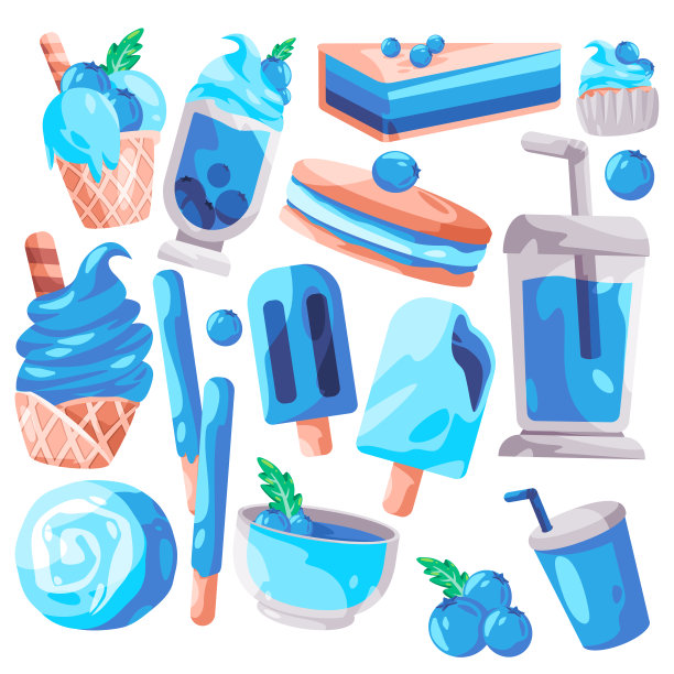 蓝莓糖果蛋糕冰淇淋和饮料卡通插画集合图片下载