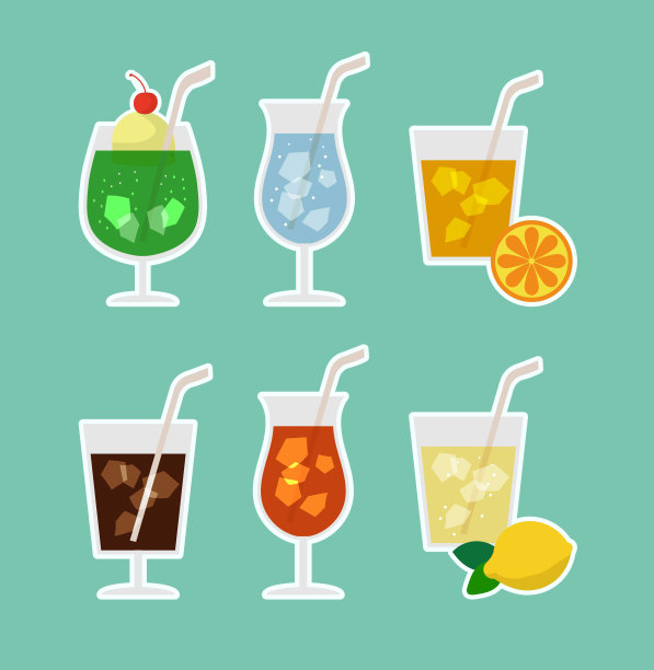 夏季冷饮图标集蓝色绿色背景白色边框插画图片下载