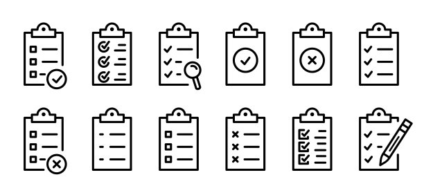 检查表图标设置。剪贴板相关矢量线图标的集合。剪贴板与复选标记交叉和文本。清单文件。包含联系人、列表、请愿等图标。图标形式。图片下载