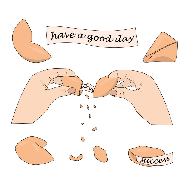 中国幸运饼干套装。手里拿着碎裂的幸运饼干和空白纸条。股票矢量插图孤立在白色背景上，eps 10图片下载