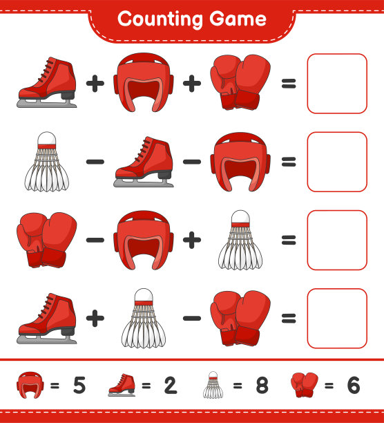 数拳击手套，羽毛球，拳击头盔，溜冰鞋的数量，并与正确的数字匹配。教育儿童游戏，可打印的工作表，矢量插图图片下载