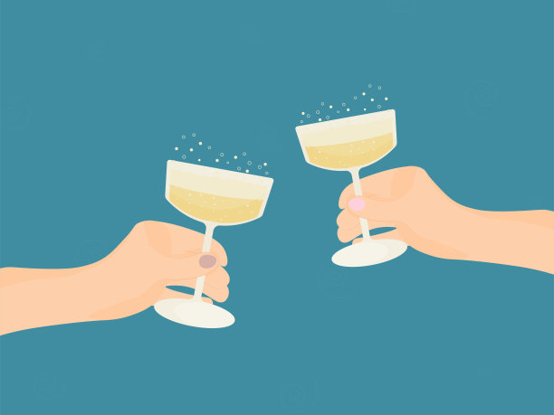 朋友的手拿着香槟杯。彩色图形平面矢量插图。图片下载