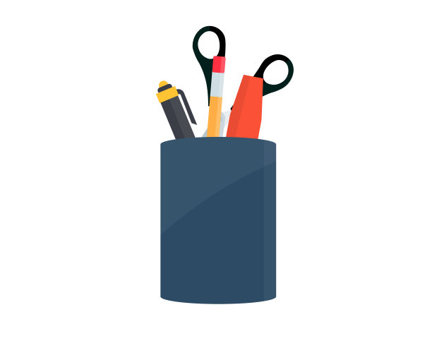 支架篮，办公室杯，装有铅笔和文具。Holder充满钢笔和铅笔矢量设计和插图。图片下载
