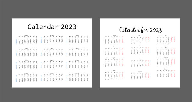 2023年日历模板。两种不同的日历。这周从星期一开始。可编辑向量日历。图片下载