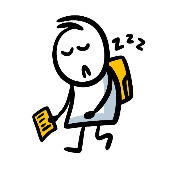 一个昏昏欲睡的孩子，手里拿着作业，一大早就提着公文包去上学。图片下载