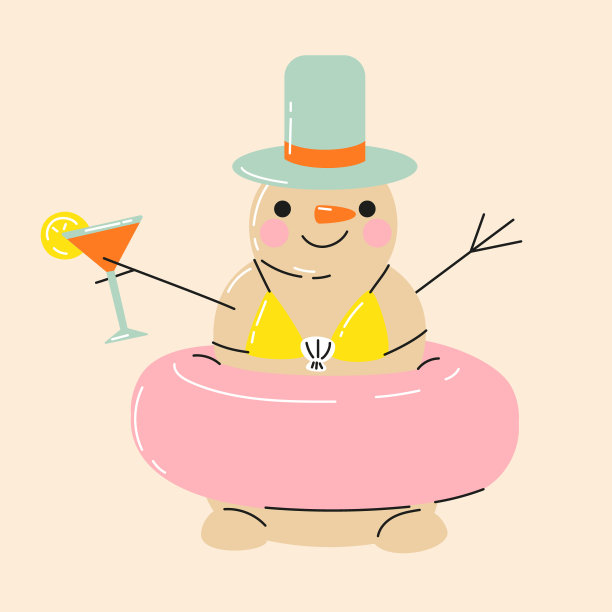 可爱的卡通雪人在沙滩上的比基尼。图片下载