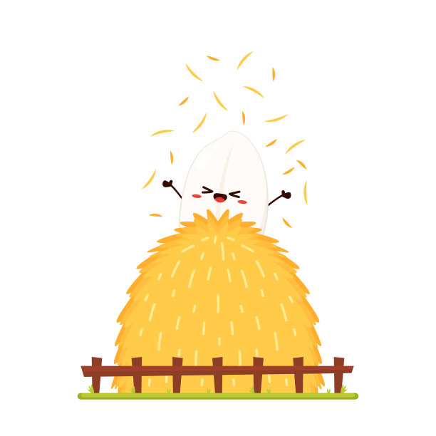 干草堆。一大捆干小麦和稻草。质朴的木栅栏。元素的村庄。农村丰收。卡通平面插图。绿色的草。稻子漫画。图片下载