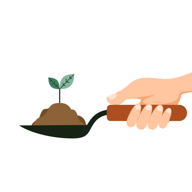 植物幼苗。园丁手里拿着土铲。园艺、农业、种植理念。孤立的白色背景。挖地。图片下载