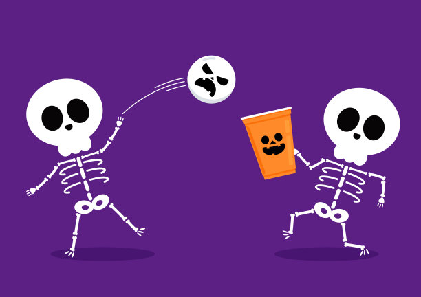 可爱的万圣节骷髅漫画。塑料杯上的万圣节脸。党杯孤立。背景，矢量插图。万圣节啤酒杯向量。啤酒“乒乓”游戏。塑料杯上的万圣节脸。图片下载