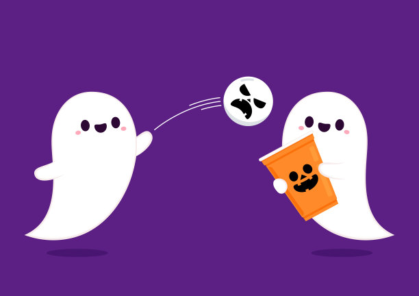 塑料杯上的万圣节脸。党杯孤立。背景，矢量插图。万圣节啤酒杯向量。啤酒“乒乓”游戏。塑料杯上的万圣节脸。可爱的幽灵卡通向量。图片下载