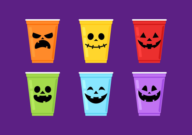 塑料杯上的万圣节脸。党杯孤立。背景，矢量插图。万圣节啤酒杯向量。啤酒“乒乓”游戏。塑料杯上的万圣节脸。图片下载
