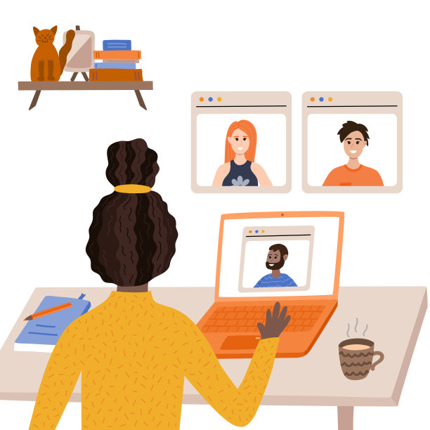 扁平的团队合作理念。现代商务在线会议会议设计。在家进行远程工作。隔离期间年轻人之间的网上商务通话。公司业务技术。图片下载