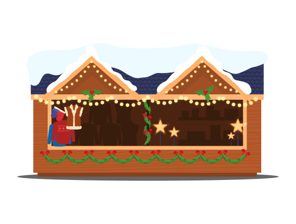 圣诞集市小卖部，节日集市街道户外售卖，商品屋矢量插画。年货亭图片下载