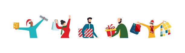 快乐的人们有圣诞礼物。一套快乐的男人和女人拿着和携带包装好的新年礼物盒。寒假礼品盒。图片下载