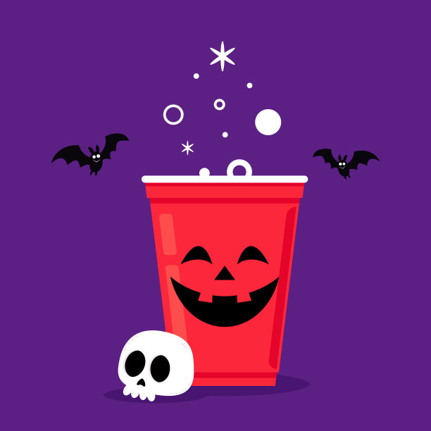 塑料杯上的万圣节脸。党杯孤立。背景，矢量插图。万圣节啤酒杯向量。啤酒“乒乓”游戏。塑料杯上的万圣节脸。图片下载