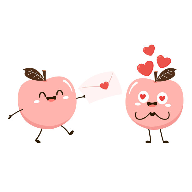 桃子卡通矢量。用树叶图标涂鸦桃子。白色背景上孤立的心形桃果。农场，天然食物，新鲜水果。图片下载