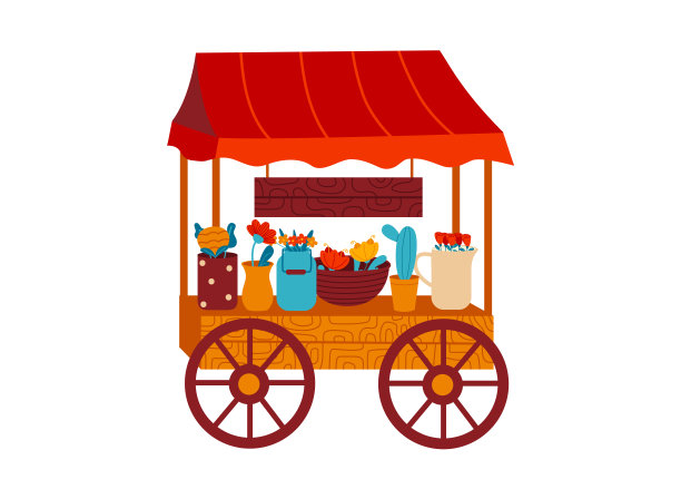 设计花街店亭，概念城市推车市场精品时尚花孤立在白色，平面矢量插画。图片下载