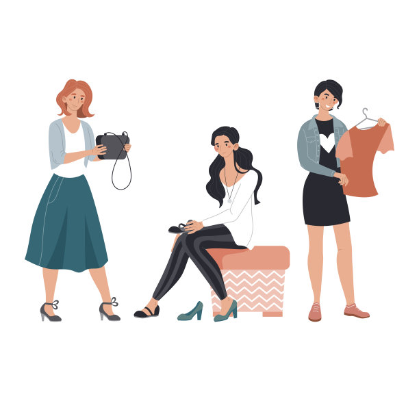 人物女人们站在服装店，市场购物销售妇女选择袋上衣和鞋子孤立在白色，卡通矢量插画。图片下载