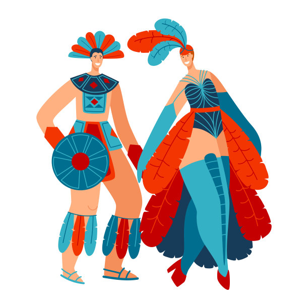 人物面带微笑的男女里约热内卢服装嘉年华人，传统的巴西套装孤立在白色，平面矢量插画。图片下载