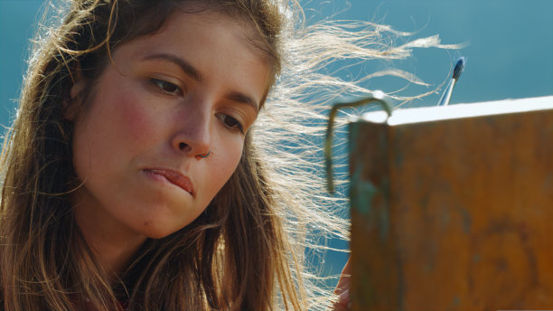 才华横溢的画家看自然画户外画。特写女艺术家图片下载