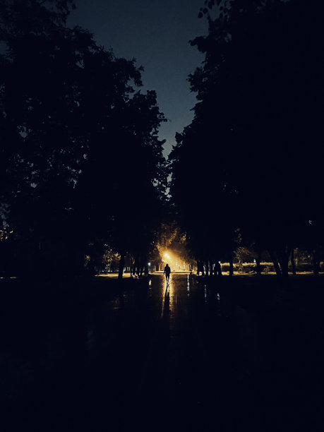 雨中夜晚公园里一个男人的剪影图片下载