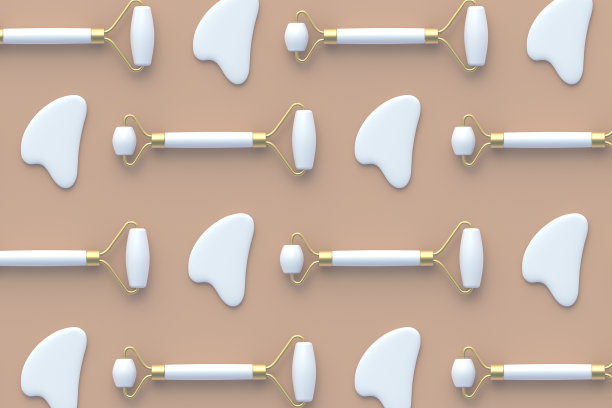 面部按摩滚筒和刮痧器的图案。提颜健体。化妆品配件。面部皮肤护理。前视图。三维渲染图片下载