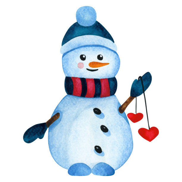 有爱心的水彩画圣诞雪人。圣诞水彩插图。图片下载