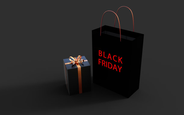 3d插画设计礼盒黑色，红色蝴蝶结，购物袋，大九折优惠。图片下载