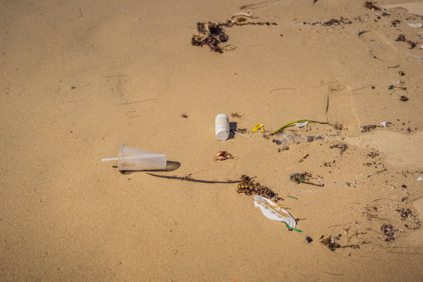 沙滩上的垃圾，环境污染的概念图片下载