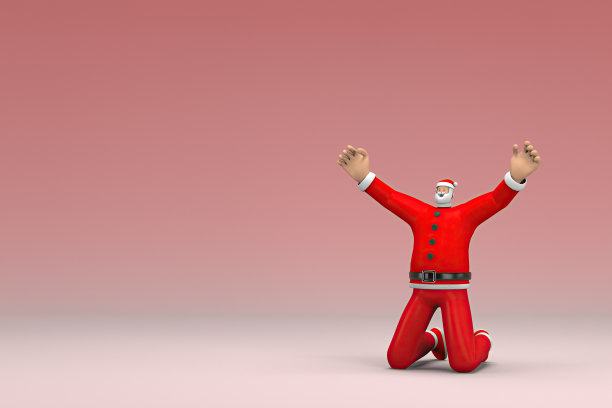 一个穿着圣诞老人服装的男人坐了下来。动画角色在表演中的三维渲染。图片下载