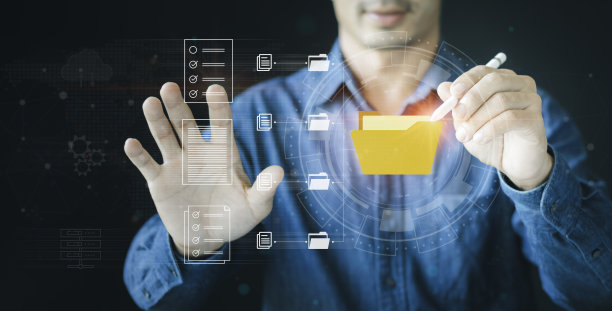 自动化软件归档和有效管理信息文件，文件管理系统或DMS，顾问信息技术(IT)工作在屏幕互联网技术的概念图片下载