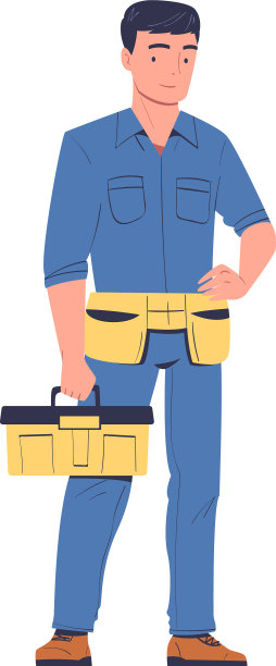 穿着蓝色工作服的修理工拿着工具箱站在那里图片下载
