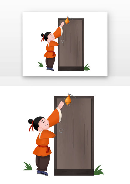 成语俺耳盗铃古装人物捂住耳朵手拿门上铃铛图片下载