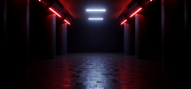 未来科幻混凝土垃圾车库走廊机库地下室陈列室停车场舞台隧道走廊网络发光霓虹灯条黑暗3D渲染图片下载