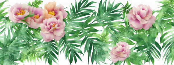 旗帜热带模仿水彩草本枝与叶子，牡丹，近距离，大地色调墙纸图片下载