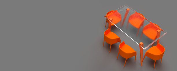 长方形的玻璃桌子和橙色的椅子。高角度视图。图片下载
