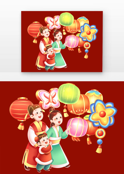 元宵节一家人逛灯会古风古代服装看元宵花灯图片下载