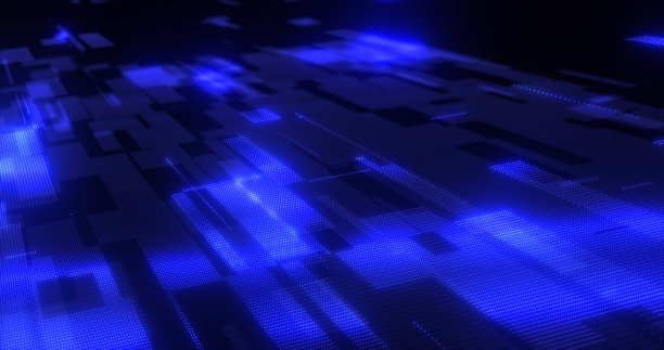 抽象背景蓝色从未来高科技像素粒子的矩形飞行与辉光效果和背景模糊，屏保图片下载