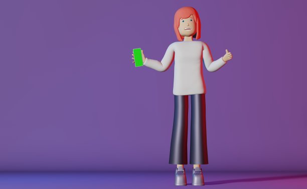 女孩展示大拇指举起手机紫色背景3d渲染。智能手机屏幕应用程序模型空白的小工具显示图片下载