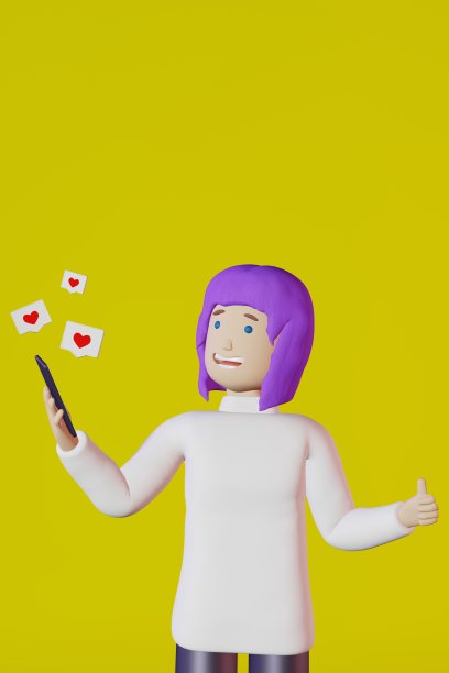 博主女孩紫发视频通话智能手机拇指向上黄色背景3d渲染。社交媒体发布帖子。图片下载