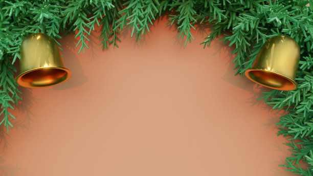 3D渲染，圣诞卡概念。自由空间背景上的铃铛和花环。图片下载