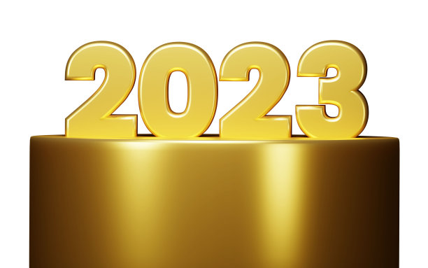 2023新年快乐。3d渲染2023金色金属标志在展示台上。现实3D 2023新年庆祝标志设计图片下载